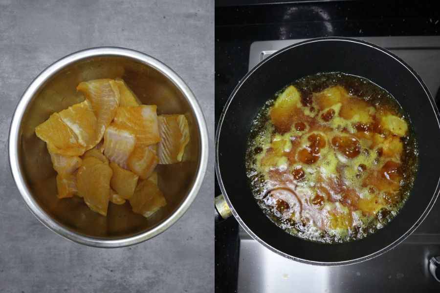 raw cod fillet marinated in turmeric and salt being deep-fried